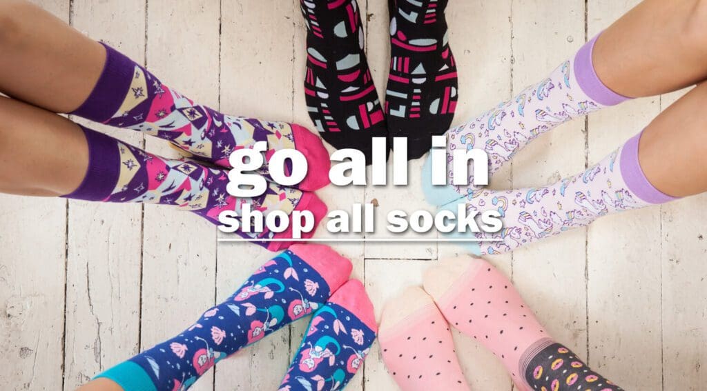 go all in shop all socks, picture displays 5 different Yo Sox designs worn by models